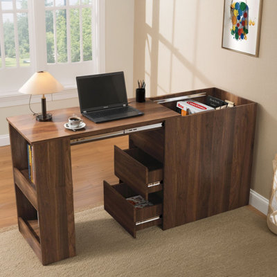 Modern Corner Computer Desk With Drawer Storage + Expandable Desktop Suitable For Home / Office Study Desk Workstation