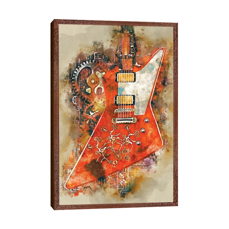 The Edge's Steampunk Guitar 1 Piece Painting on Canvas, 101.6cm H x 66.04cm W x 3.81cm D, Classic Brown Wood Floater Framed