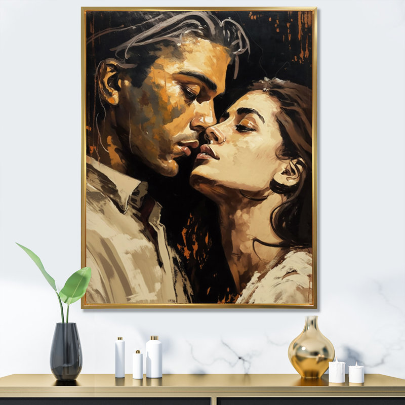 «Passionate Love Portrait Retro», reproduction sur toile, Cadre flottant doré, H 40 po x l 30 po x P 1,5 po