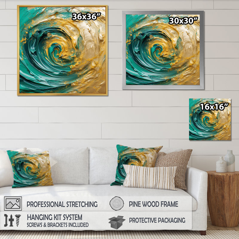 «Golden Ocean Swirling Waves», art mural spirales abstraites, H 30 po x l 30 po x P 1 po, Cadre flottant doré