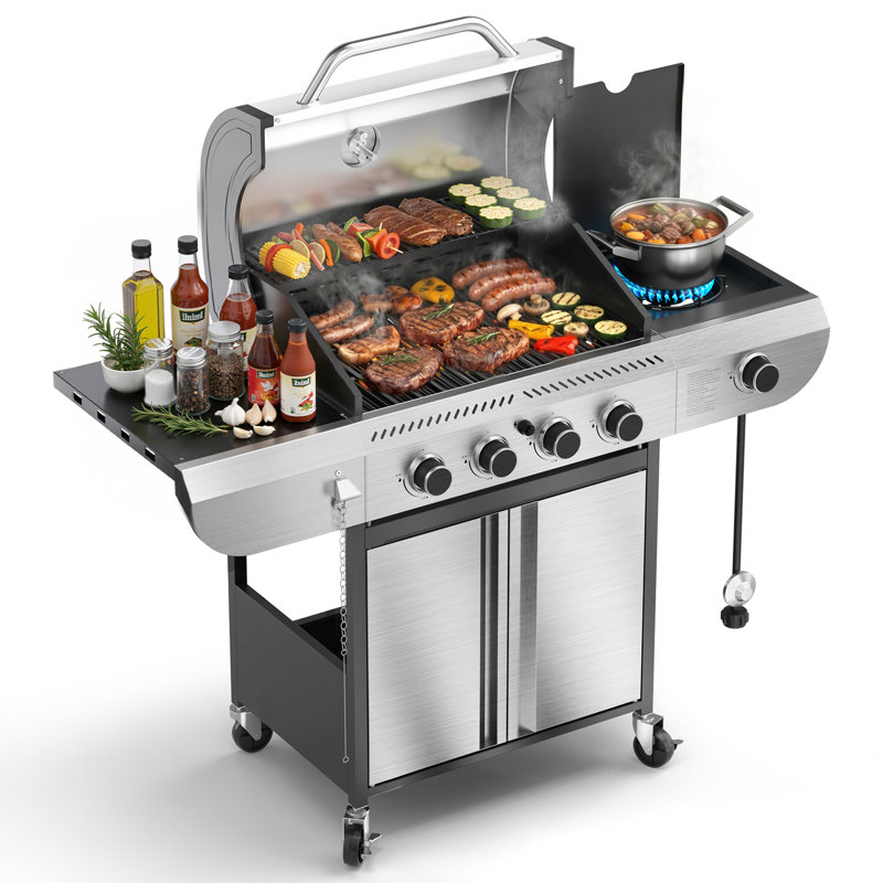 Barbecue au propane liquide à 4 brûleurs en acier inoxydable COWSAR et noir, Acier inoxydable / noir mat