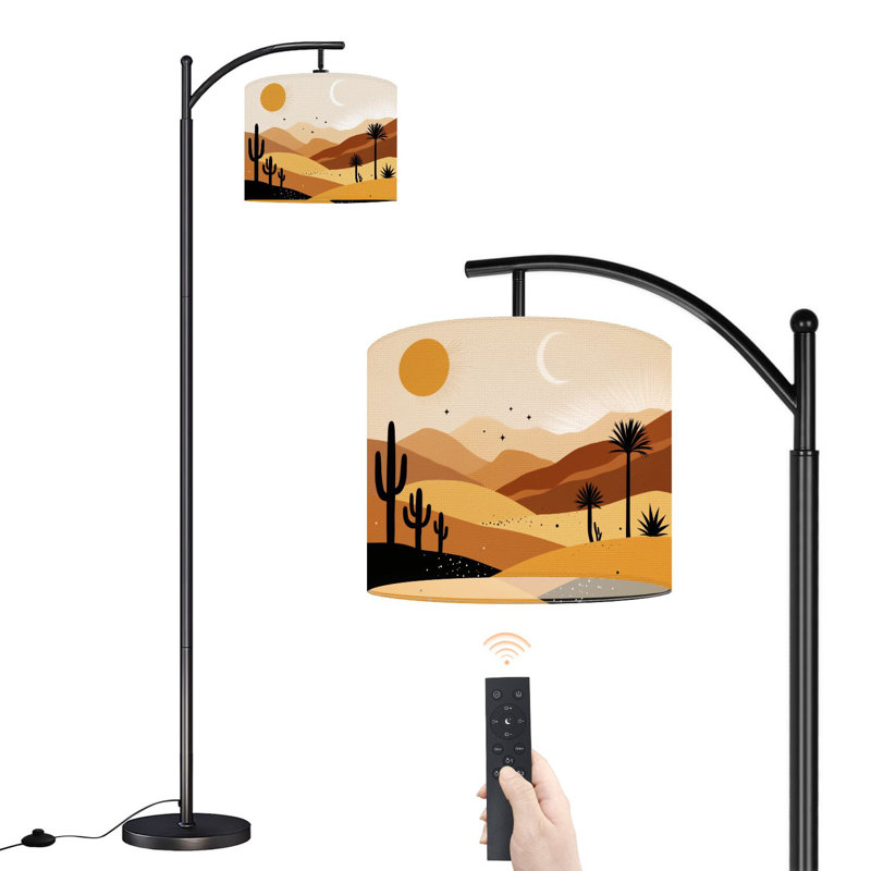 Lampe sur pied à arc avec abat-jour réglable Paysage désertique Cactus Silhouettes Sun Crescent Moon Warm Sand Dunes Lampe sur pied 3 températures de couleur à intensité variable, grand lampadaire avec interrupteur au pied pour la chambre à coucher