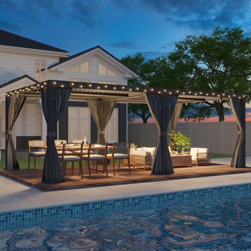 24 Ft. W X 12 Ft. D Louvered Pergola With Louvered Roof  For Decks, Gardens And Backyards, Black