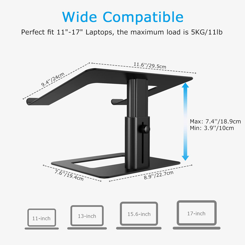 Support pour ordinateur portable, support ergonomique en aluminium pour ordinateur portable réglable en hauteur, noir, Noir