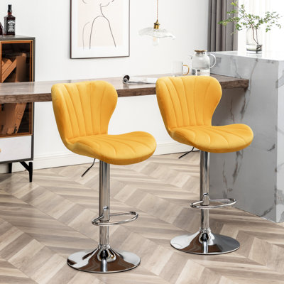 Chaises réglables jaunes rembourrées (2) - Tissu semblable au velours, mousse épaisse, pivotant à 360 °, hauteur réglable, repose-pieds, - pivotant sur 2, rembourrage en mousse confortable, lignes verticales élégantes, rotation,