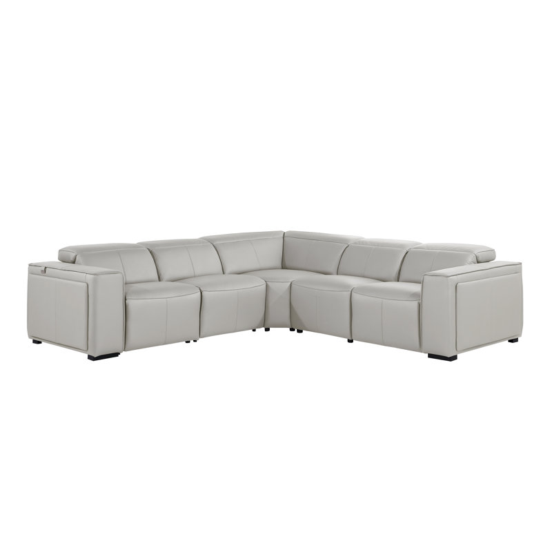 Top Grain Italian Leather 5-Piece L-Shaped Modular Power Reclining Sectional With Power Headrests, Light Gray Genuine Leather