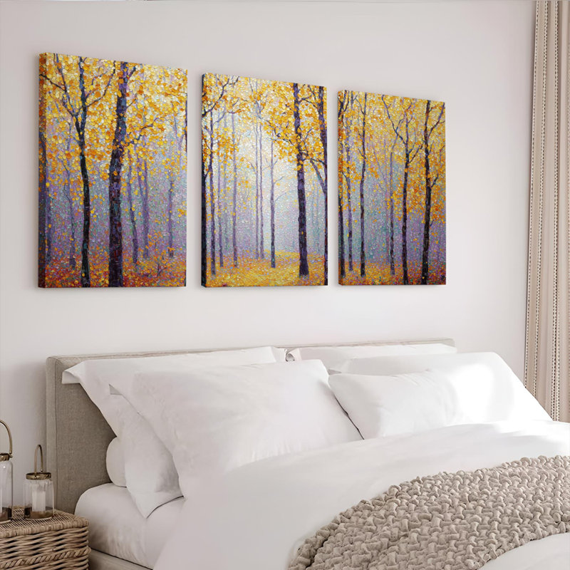 Ensemble de 3 tableaux sur toile représentant des arbres de la forêt d'automne, H 18 po x l 36 po