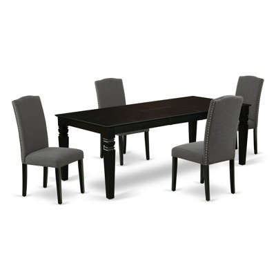 5 Piece Dinette Set Includes a Rectangle Dining Room Table with Butterfly Leaf and 4 Dark Gotham Linen Fabric Upholstered Chairs, Black