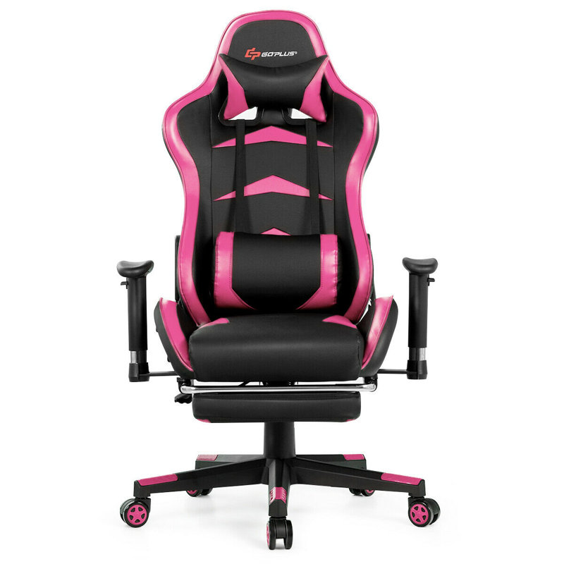 Costway Adjustable Reclining Ergonomic Faux Leather Swiveling PC & Racing Game Chair with Footrest, Black/Pink