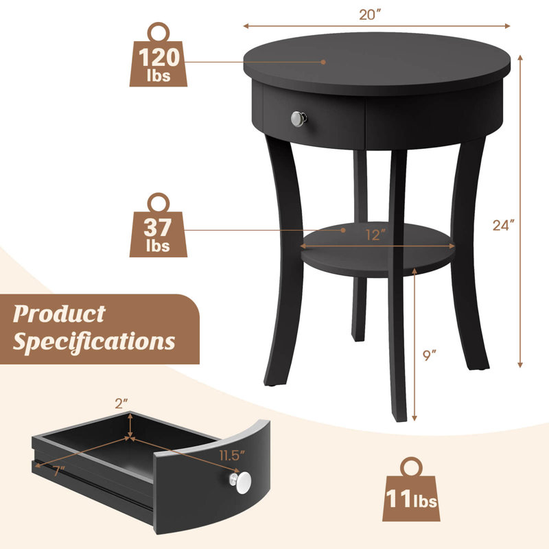 2-tier Side End Sofa Table Round Nightstand For Bedroom Living Room Black