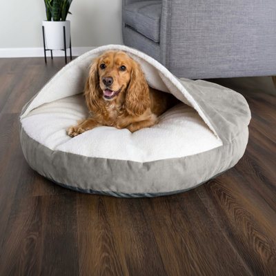 Lit pour chien Cozy Cave avec housse Cave - Lit pour chien rond de 32 pouces pour animaux de compagnie de taille moyenne - Lit pour animal de compagnie avec housse lavable amovible et fond antidérapant - Fournitures pour chiots de luxe en velours et en sherpa (gris)