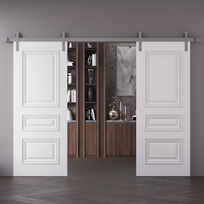 Porte de grange double 36 x 80 pouces IMPERIAL 1833 Émail blanc Ensemble de rails argentés 13 pi Portes intérieures à panneaux pleins