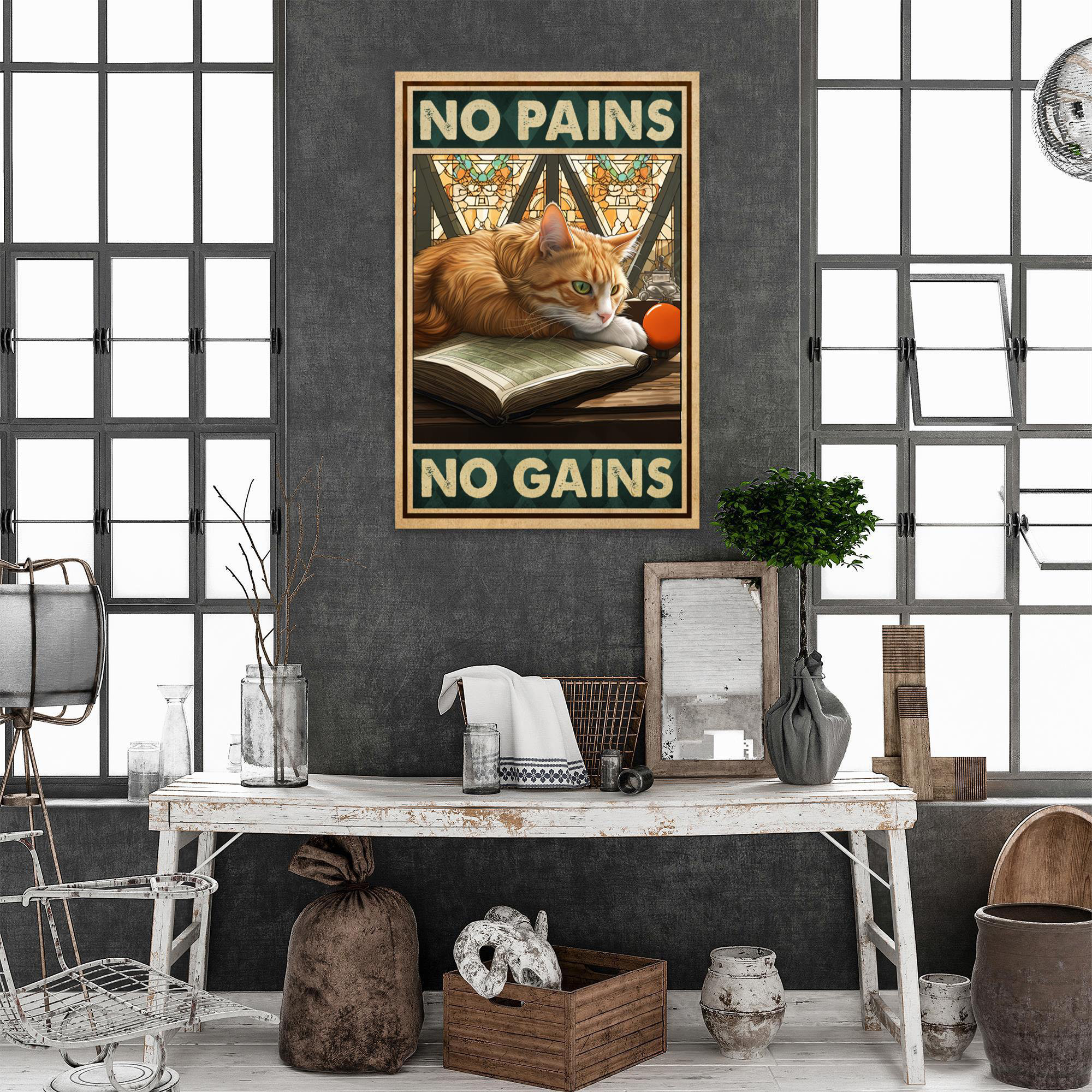 Cat Books No Pains No Gains - 1 Piece Rectangle Gr Cat Books No Pains No Gains on Canvas Graphic Art Trinx Size: 20 H x 16 W x 1.25 D