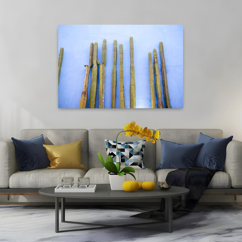Tall Cacti on Blue | Oaxaca Mexico Travel Colorful Abstract Contemporary Cactus City Landscape Wall Art Print 1 Piece Wrapped Canvas Wall Art