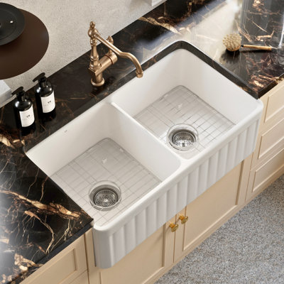 Los Flexi Apron Front Farmhouse Sink, Fireclay Sink for Kitchen, Strainer Included