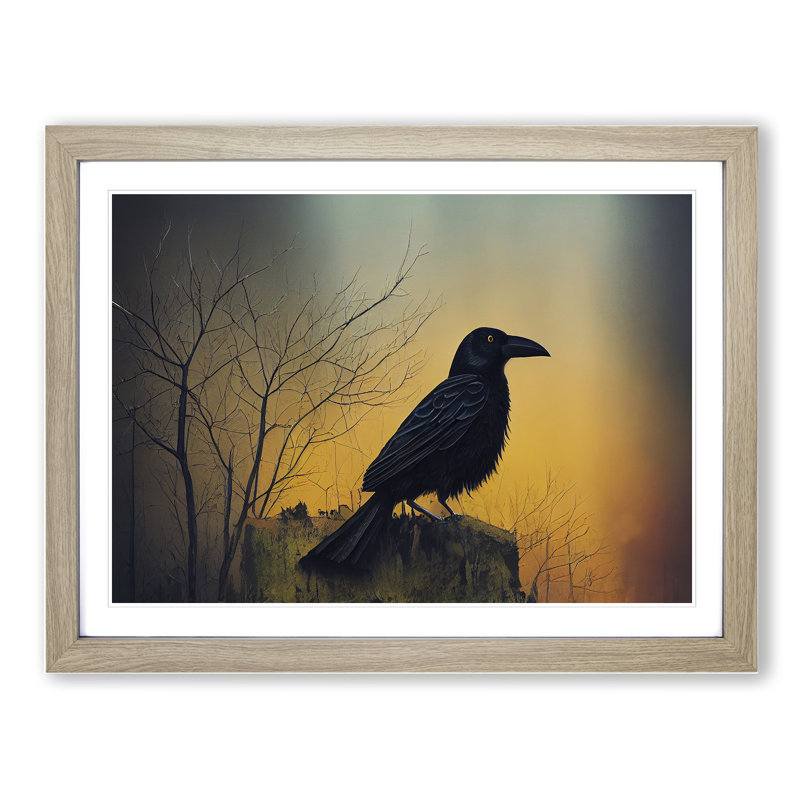 An Artsy Crow Bird - Single Picture Frame Print, 25cm H x 34cm W x 2cm D, Oak