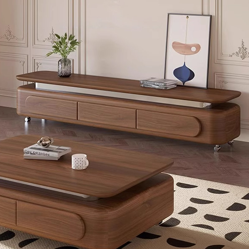 Meuble télé minimaliste en bois massif de couleur noyer, H 16,53 po x L 78,74 po x l 15,74 po