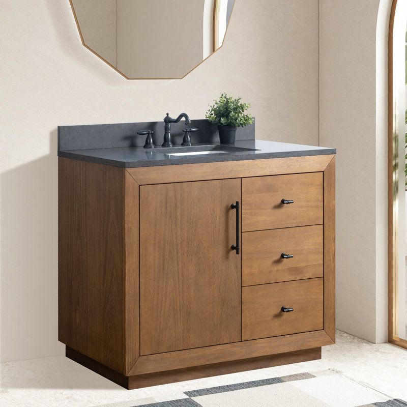 Avignon 42" Single Sink Freestanding Bathroom Vanity with Black Limestone Top, Black Limestone, Tan