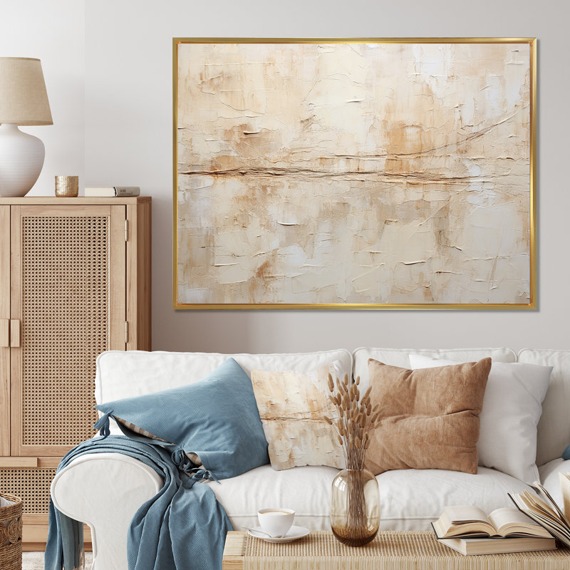Beige et blanc, minimalisme intemporel - peinture abstraite, art mural, H 12 po x l 20 po x P 1 po, Cadre flottant doré