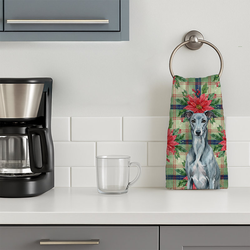 Blue Brindle Greyhound Christmas PoinsettIas Kitchen Towel, Blue Brindle Greyhound