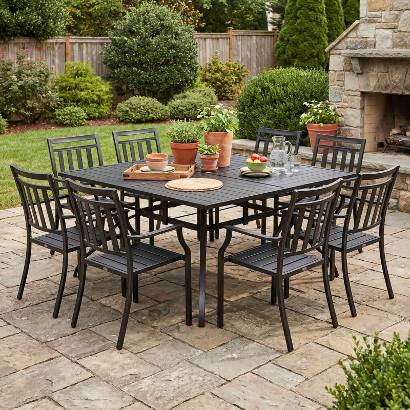 8-Seat Outdoor Patio Dining Table, Built-In Umbrella Hole & Weather-Resistant Anti-Fade Finish, Rust-Proof Reinforced Frame, Fits Porch, Backyard Lawn
