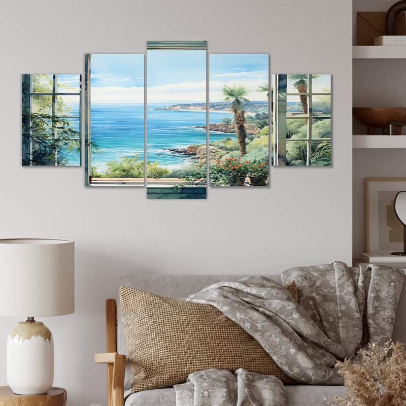  «Seaside Tropical View II - Coastal Windows Multipanel Wall Art, ensemble