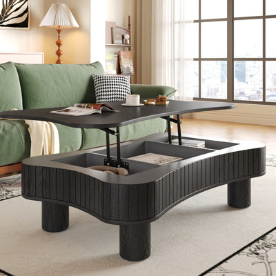 Table basse à plateau relevable de 42 po pour la zone de vie principale, rangement dissimulé à panneau cannelé, réglage hydraulique de la hauteur, coins arrondis, fonction en noir avec fonction silencieuse, 3 espaces de rangement, courbé