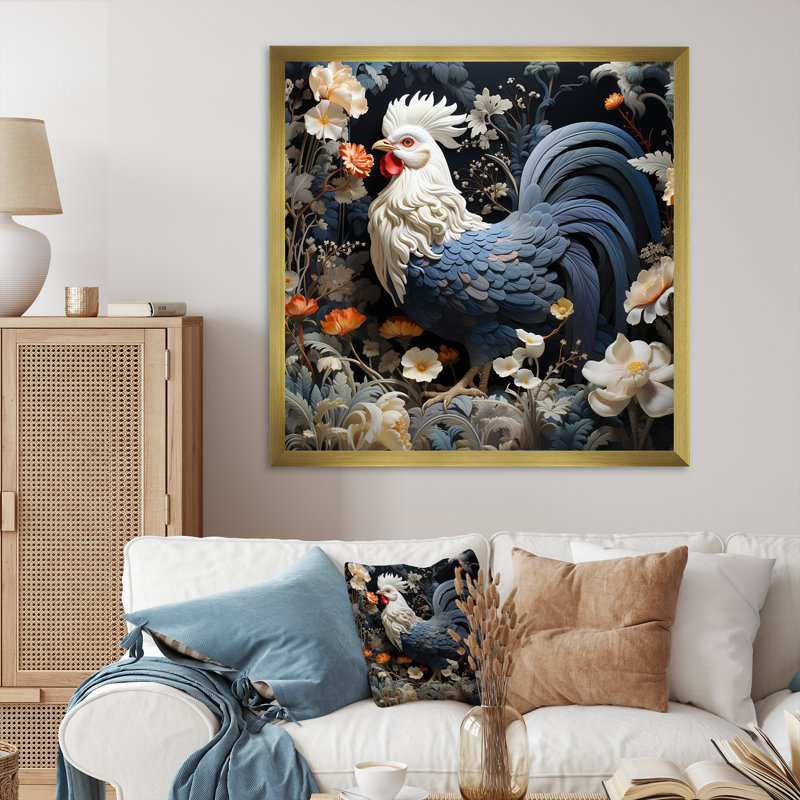 Coq dans un jardin de fleurs II, H 36 po x l 36 po x P 1,5 po, Cadre doré simple