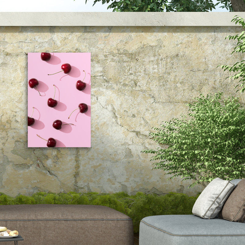 Cerises bolognaises sur fond rose sur toile, H 47 po x l 30 po
