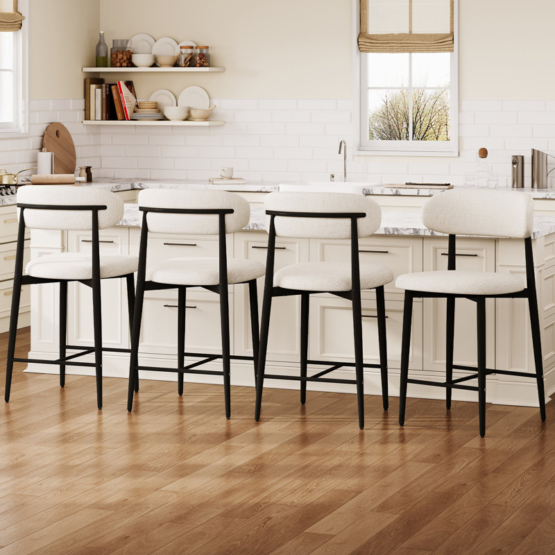 Ensemble de 2 tabourets de bar modernes de hauteur comptoir rembourrés en tissu beige avec pieds en métal noir pour îlot de cuisine