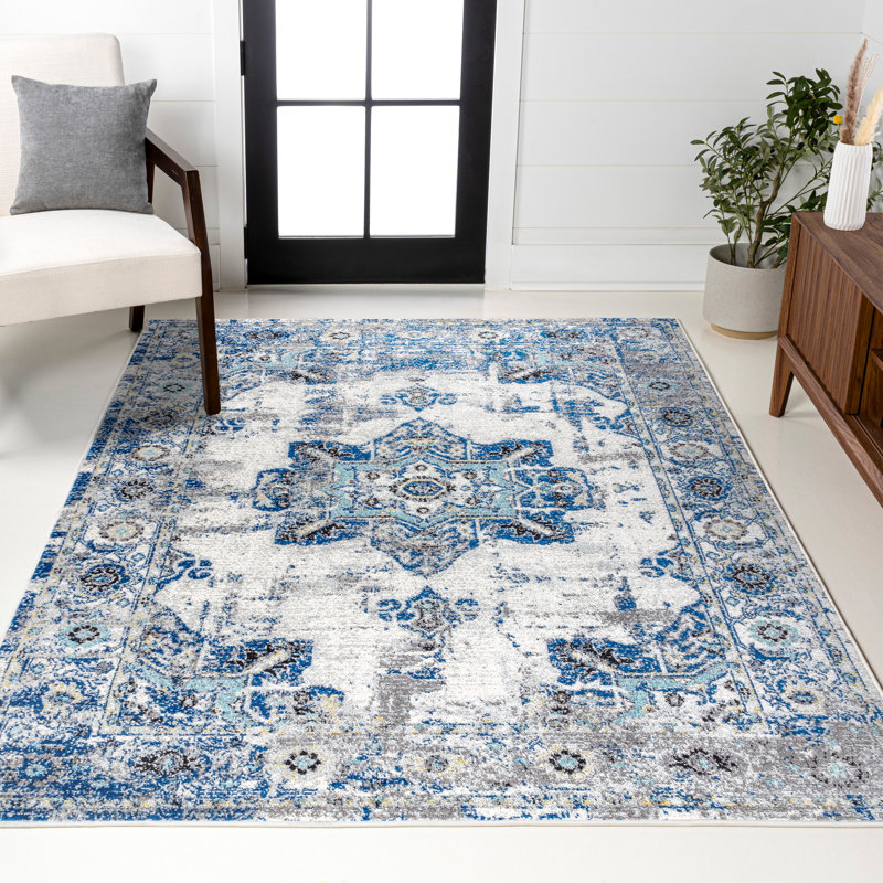 Tapis ivoire / bleu Lathem, Rectangle 5 pi 3 po x 7 pi 7 po