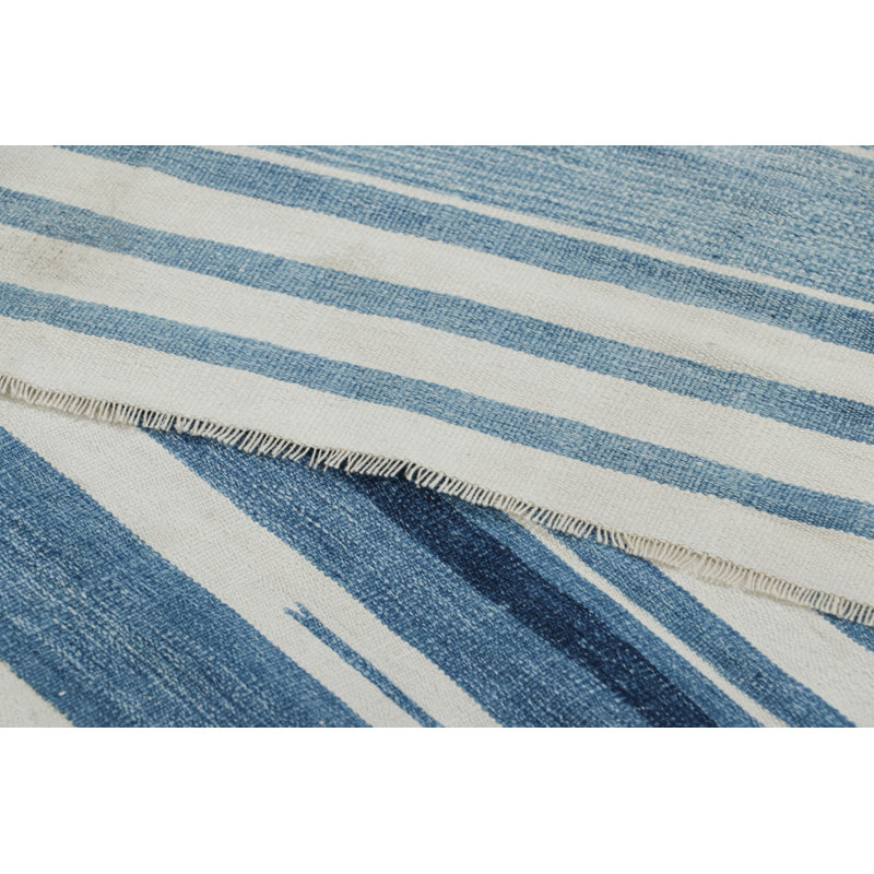Rug & Kilim’S Contemporary Dhurrie Rug With Blue And Off-White Geometric Stripes