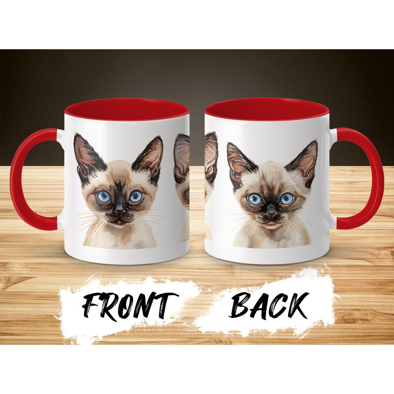 Cat Design 11oz Accent Mug – White Ceramic Coffee Cup with Colored Handle and Interior, Red, 2