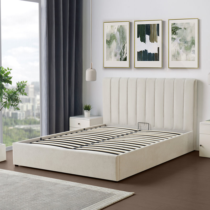 Evelynne Fabric Ottoman Bed Frame with Storage - , Kingsize (5'), Beige