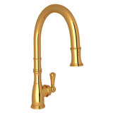Kitchen faucet in gold finish with a high-arc pull-down spray head and lever handle