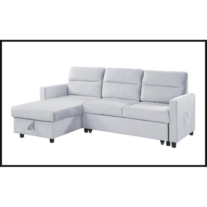 Canapé-lit modulaire réversible en velours gris clair de 81,5 po Ruby avec méridienne de rangement et poche latérale