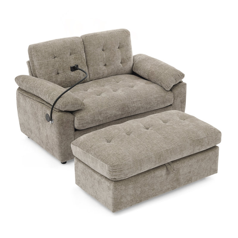 Double canapé inclinable avec port de charge USB et repose-pieds de rangement, Chenille brun