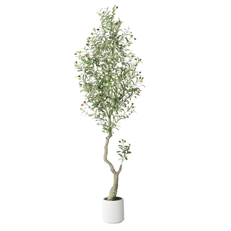 Grand faux olivier, grand olivier avec pot à fleurs blanc et fausse mousse verte, 1, H 72 po x l 6,5 po x P 6,5 po
