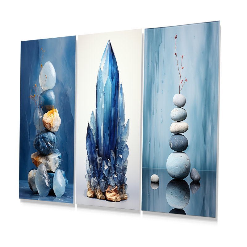 Blue Serenity Stone Minimalism - Spiritual Stone Metal Wall Art Set Of 3, 28" H x 36" W