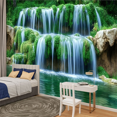 Peel and Stick Canvas Wallpaper Wall Mural Waterfall Nature Picture Landscape Green Forest Moss covered Rocks Wall Art Self Adhesive and Removable