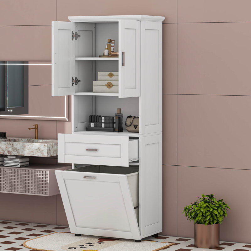 Cabinet With Tilt-Out Laundry Hamper Basket, White