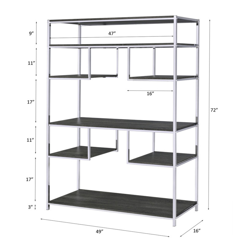 Gray Oak and Chrome Industrial Bookshelf with Open Shelves