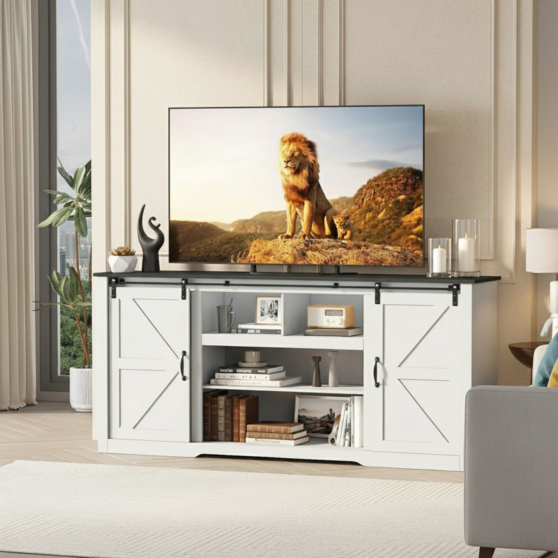 Farmhouse TV Stands, With Adjustable Shelves & Sliding Barn Door, Black/White