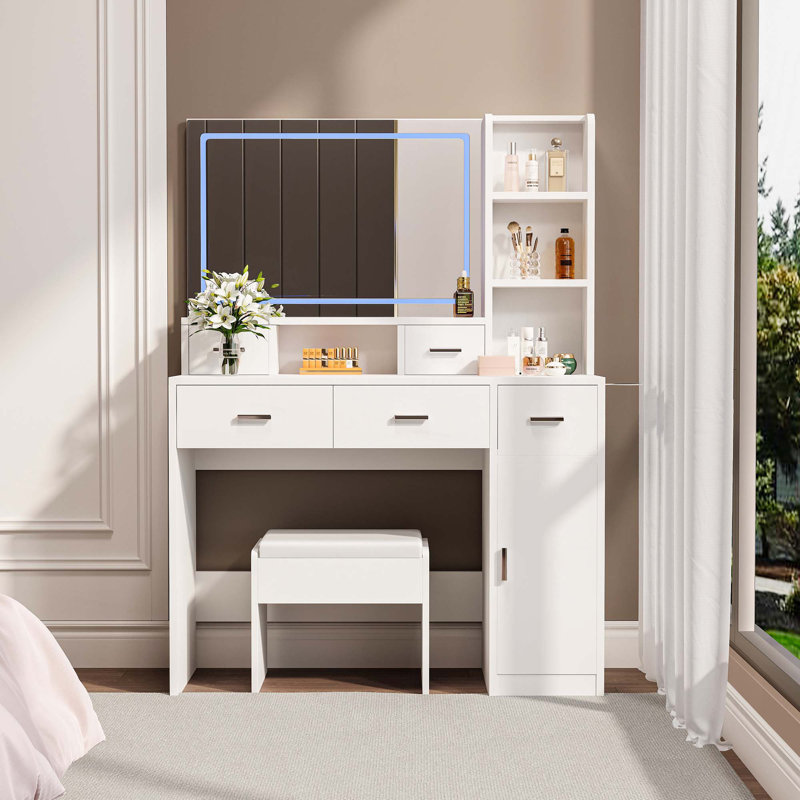 Coiffeuse avec miroir lumineux à 3 couleurs DEL et prise de courant, coiffeuse avec tiroirs, boîte de rangement et tablette, coiffeuse avec tabouret de chambre