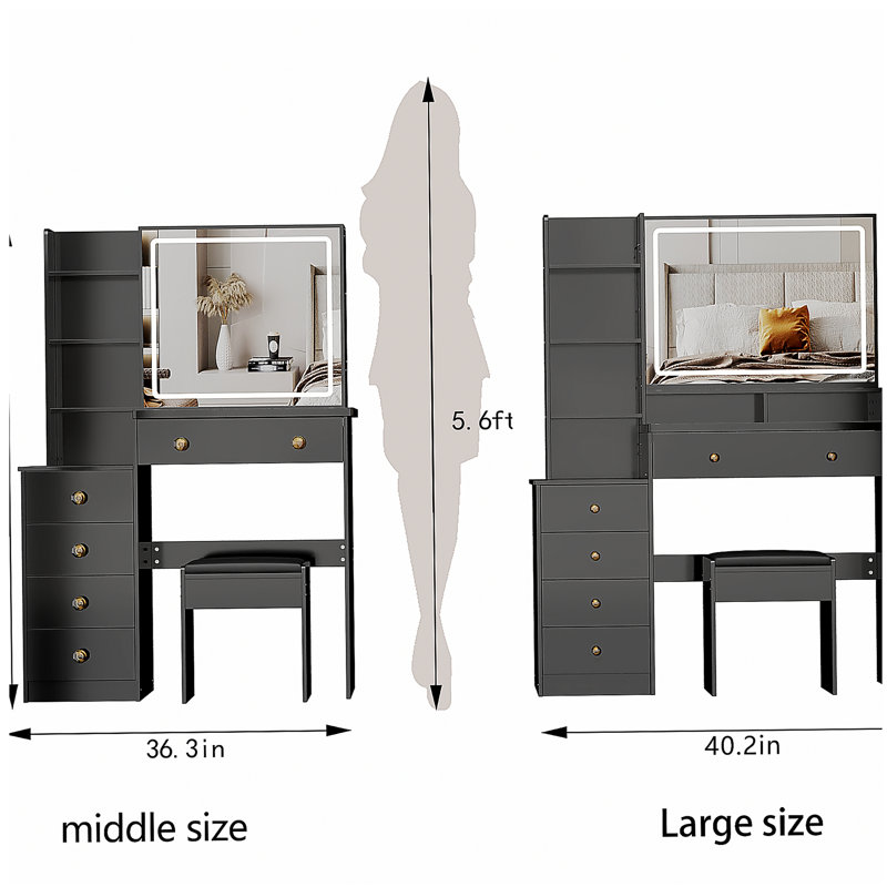 41" Large Size Left Bedside Cabinet Vanity Table+Cushioned Stool, Extra Large Touch Control LED Mirror, 3-color Switch, Multi Layer High Capacity Storage Fashionable Dresser, Suitable For Large Space
