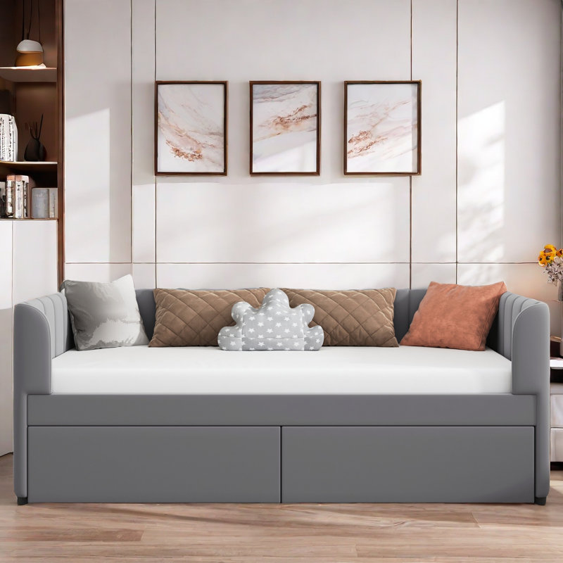 Lit de jour rembourré avec dossier ergonomique et 2 tiroirs, Gris