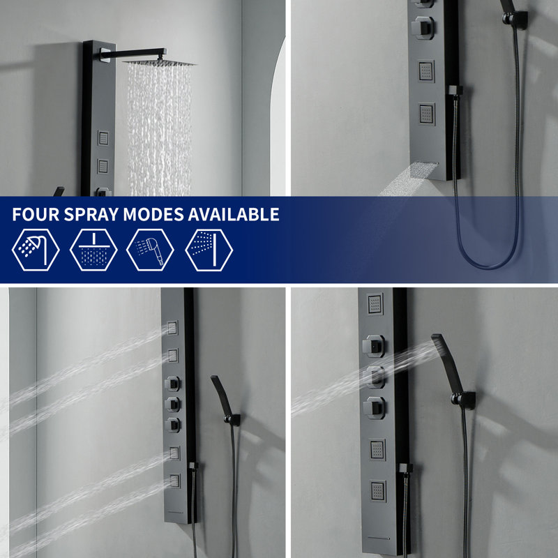 Système de tour de douche à inverseur 4 voies avec pomme de douche fixe, Noir mat