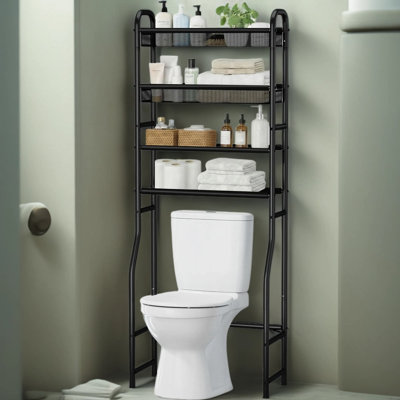 Étagère et support de rangement à 4 niveaux au-dessus de la toilette, organisateur de toilette au-dessus avec structure en métal robuste et tablettes en filet de vinyle respirantes, unité de rangement pour salle de bain et salle de lavage peu encombrante, noir