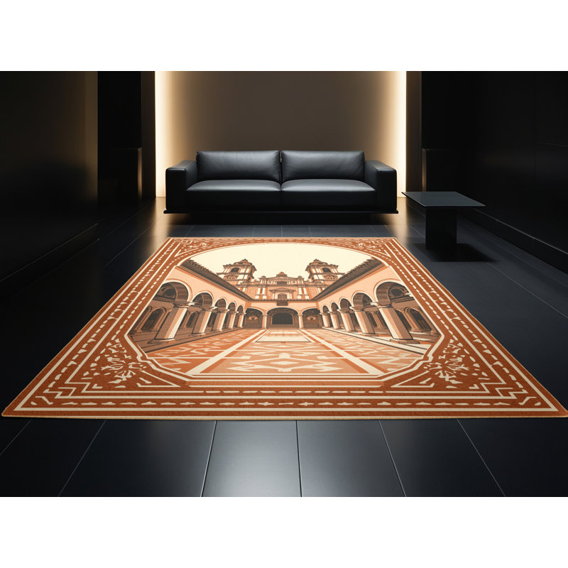 Machine Washable Pandelica Cusco Plaza Armas Vintage Block Print Rug in Brown – LightBrown Binding, 8x10