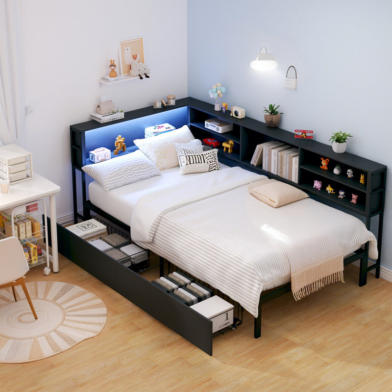 Twin Corner Bed Frame With 2 Underneath Drawers And Storage Bookcase,Daybed With Charging Station And LED Light, Twin, Black